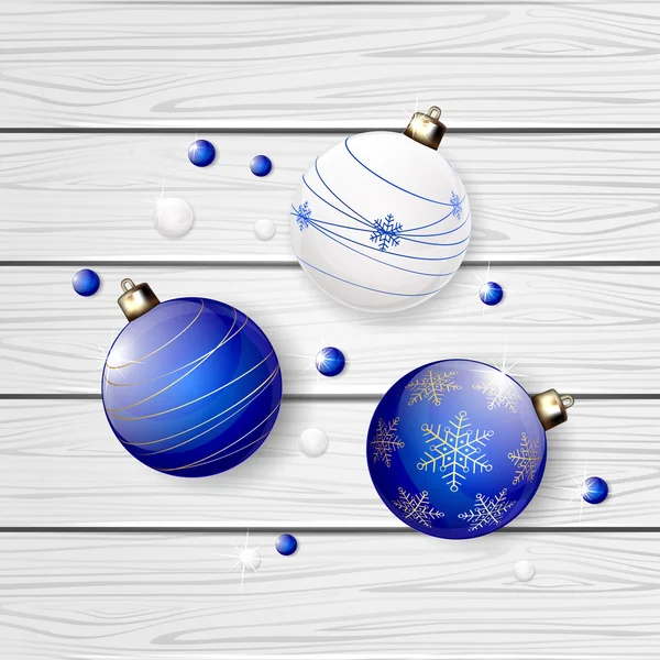 Boules de Noël bleues sur fond en bois — Image vectorielle
