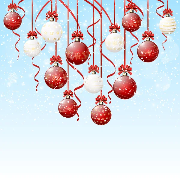 Red and white Christmas balls with snow — Stock Vector