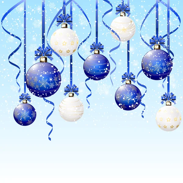 Bolas de Navidad azules y blancas sobre fondo nevado — Vector de stock