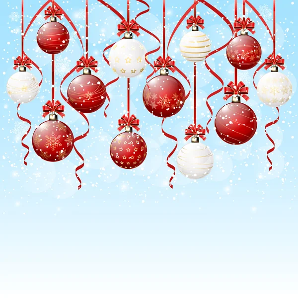 Hanging Christmas balls on snowy background — Stock Vector