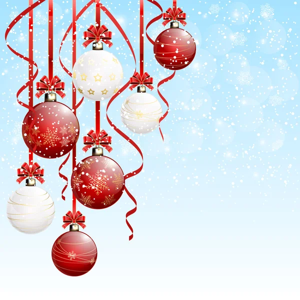 Red and white Christmas balls on snowy background — Stock Vector