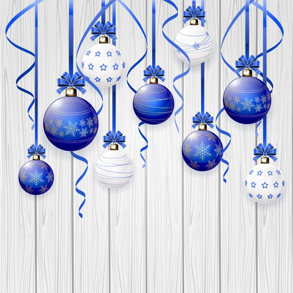 木制的背景上的蓝色圣诞球。 — 图库矢量图片