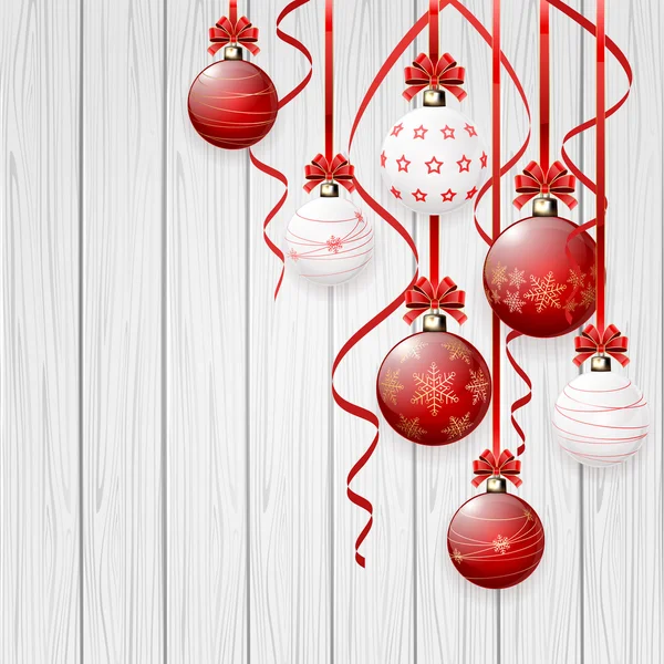 Красные рождественские шары на деревянном фоне — стоковый вектор