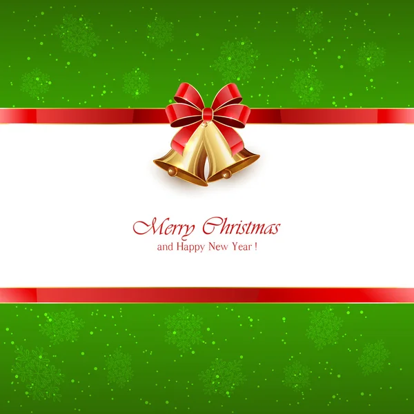 Sfondo verde di Natale con campane e fiocco rosso — Vettoriale Stock