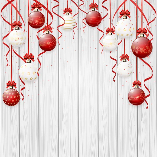 Boules de Noël rouges sur fond en bois — Image vectorielle