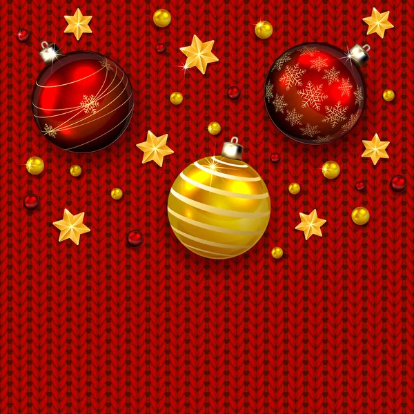 Christmas balls on red knitted pattern — Stock Vector