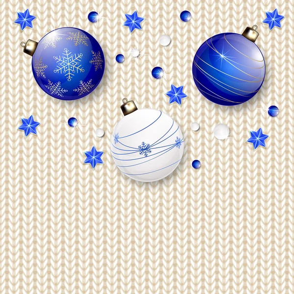Christmas balls on white knitted pattern — Stock Vector