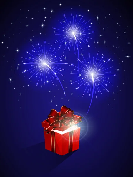 Fuegos artificiales azules y caja de regalo — Vector de stock