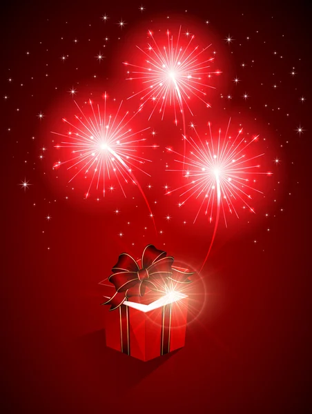 Fuegos artificiales rojos y caja de regalo — Vector de stock