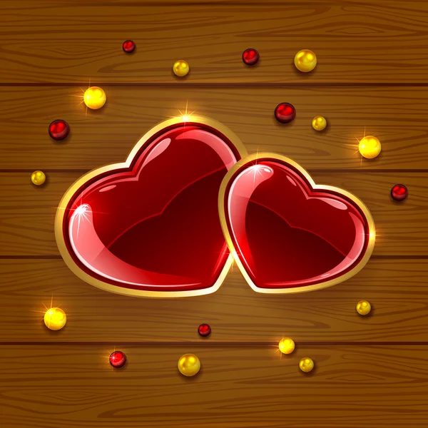 Hearts and beads on wooden background — Stock Vector