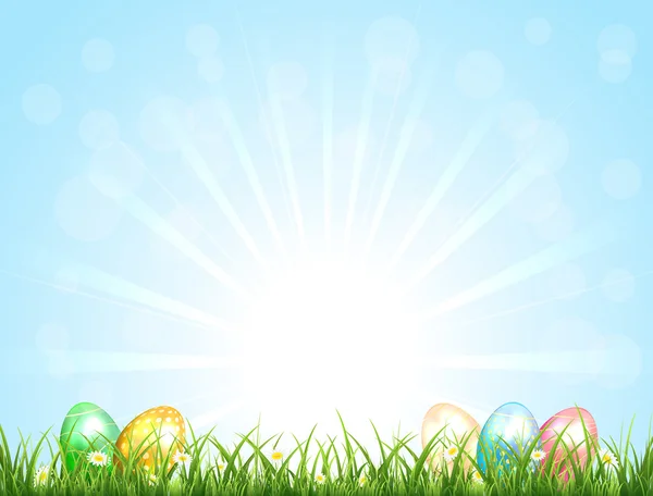Fondo soleado con huevos de Pascua — Vector de stock