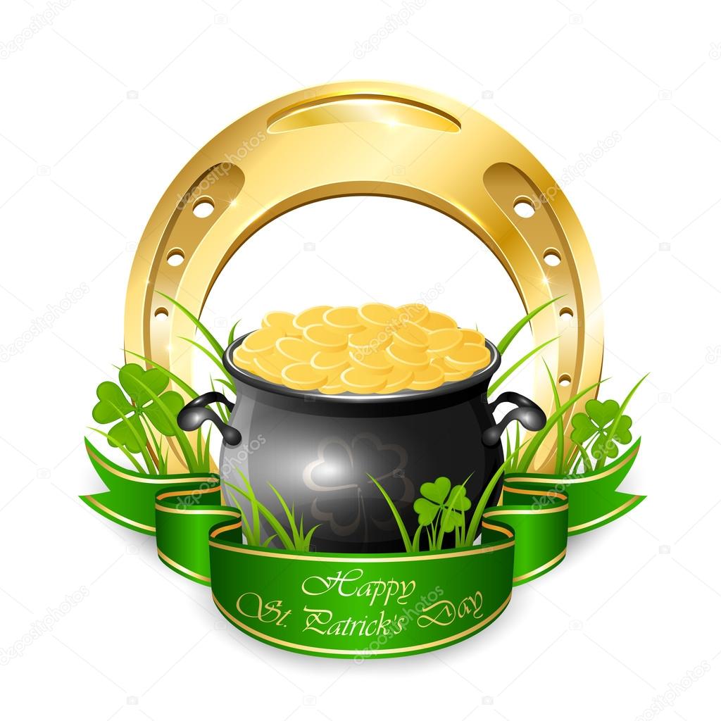 Pot with coins and golden horseshoe