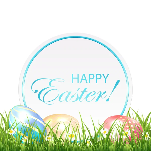 Huevos de Pascua en la hierba y tarjeta redonda — Vector de stock