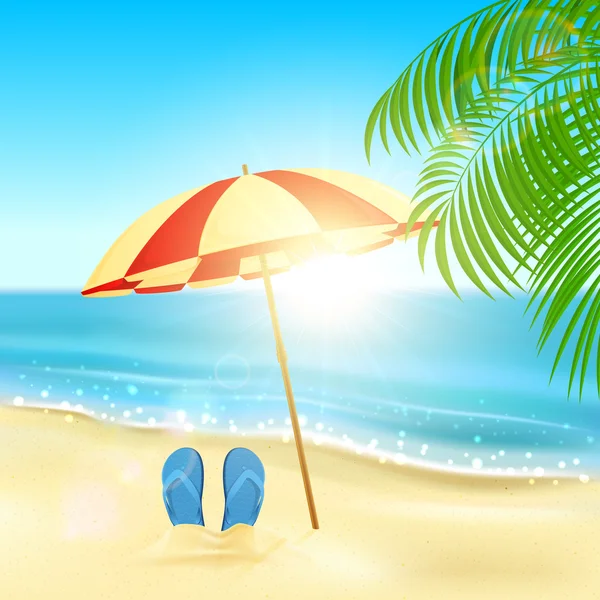 Chanclas y sombrilla en la playa — Vector de stock