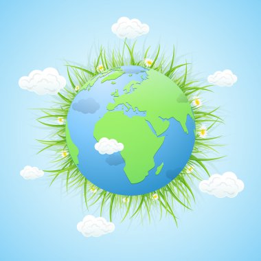 Çim ve bulutların üstünde mavi arka plan ile dünya