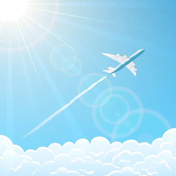 Avión en el cielo sobre nubes — Vector de stock
