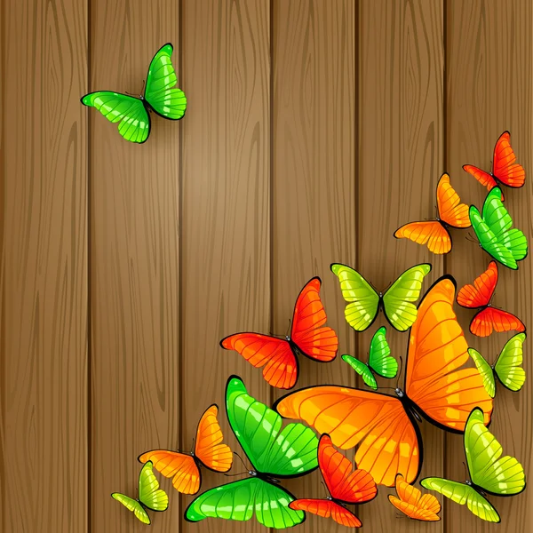 Papillons colorés sur fond en bois — Image vectorielle