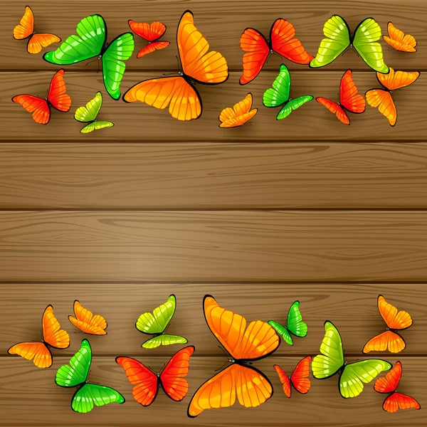 Mariposas coloridas sobre fondo de madera — Vector de stock
