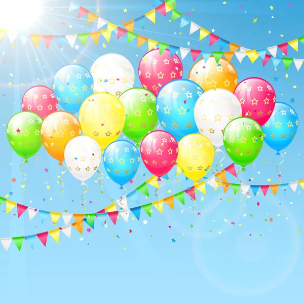 Luftballons und Wimpel am Himmel Hintergrund — Stockvektor