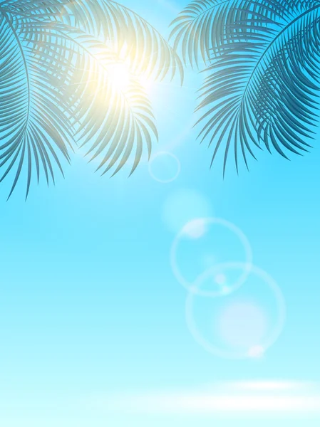 Palmeras y sol sobre fondo azul — Vector de stock