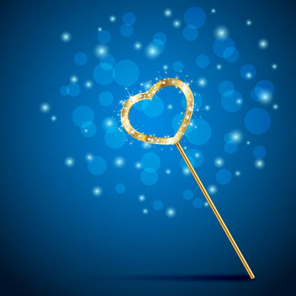 Bacchetta magica con cuore su sfondo blu — Vettoriale Stock