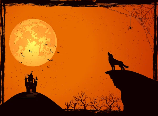 Castillo y lobo en la noche de Halloween — Vector de stock