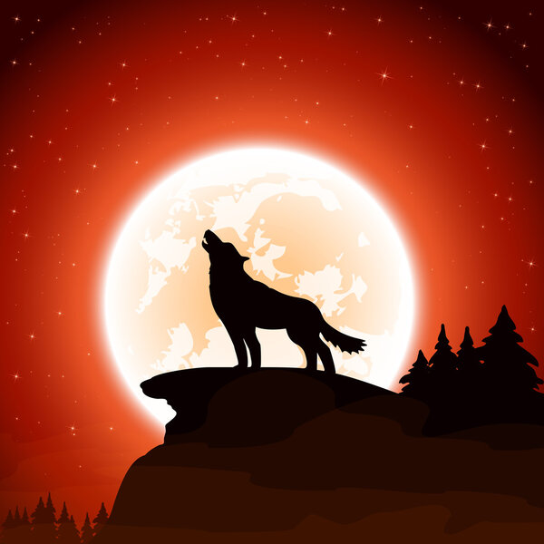 Волк и Луна на фоне неба
