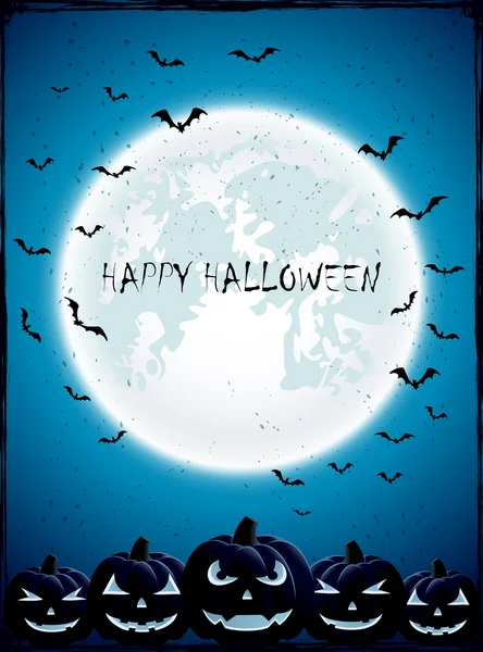 Zucche di Halloween con Luna e pipistrelli — Vettoriale Stock