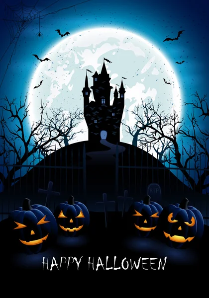 Blue Halloween background with castle and pumpkins — Stock Vector