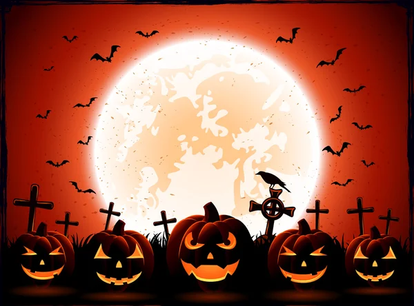 Halloween night with Moon and pumpkins — Stock Vector