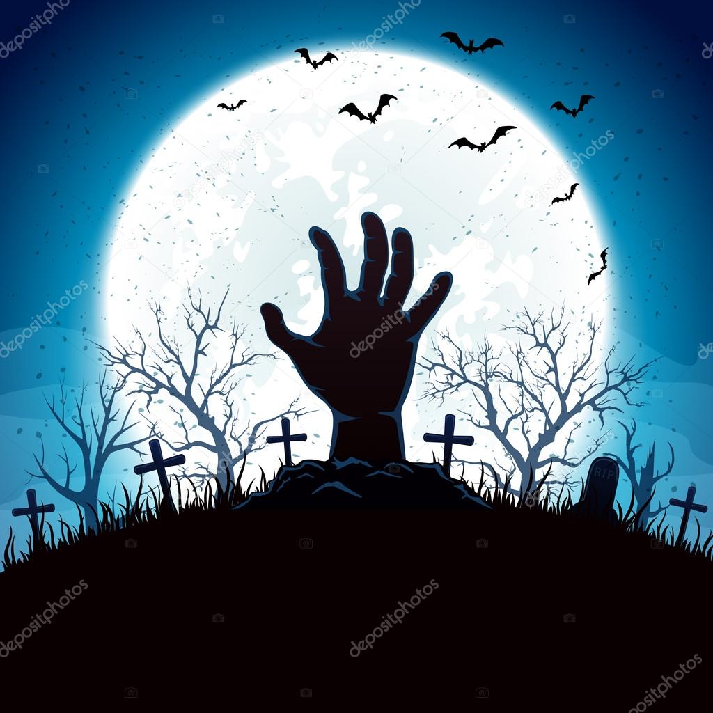 Blue Halloween background with hand and moon