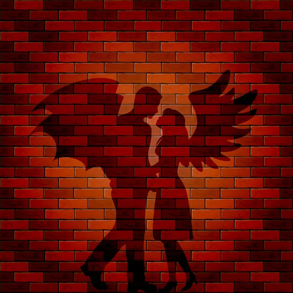 天使和恶魔在砖墙上的阴影 — 图库矢量图片