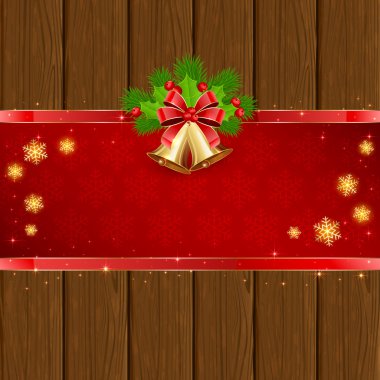 Ahşap Noel arka plan kırmızı yay ve çan ile