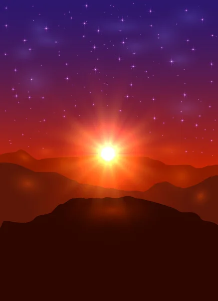 Paysage avec lever de soleil dans les montagnes — Image vectorielle