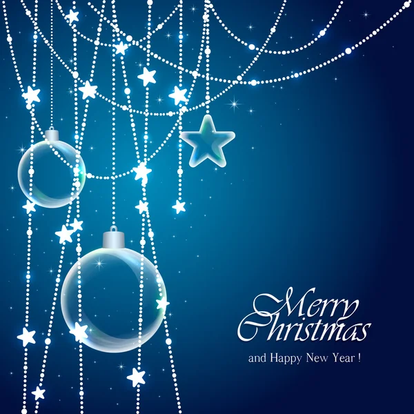 Blauer Hintergrund mit Weihnachtskugeln und Sternen — Stockvektor