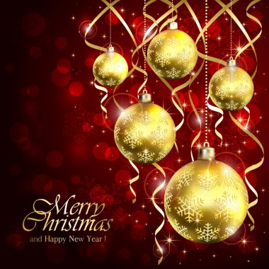 Altın Noel topları ve tinsel kırmızı zemin üzerine