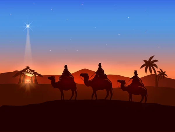 Tema de Navidad con tres hombres sabios y estrella brillante — Archivo Imágenes Vectoriales