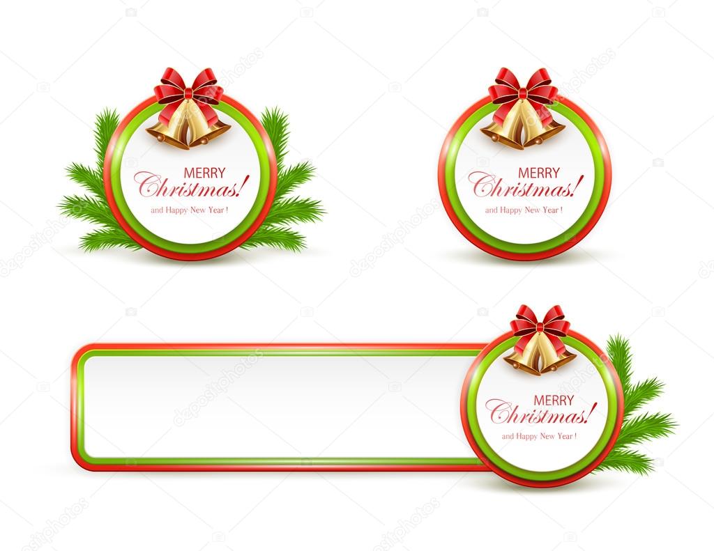 Set of Christmas banners with golden bells and red bow