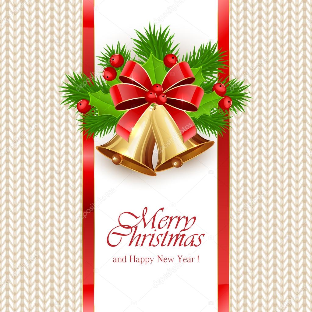 Christmas background with golden bells on knitted pattern