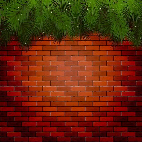 Weihnachten Hintergrund mit Fichtenzweigen auf einer Ziegelwand — Stockvektor