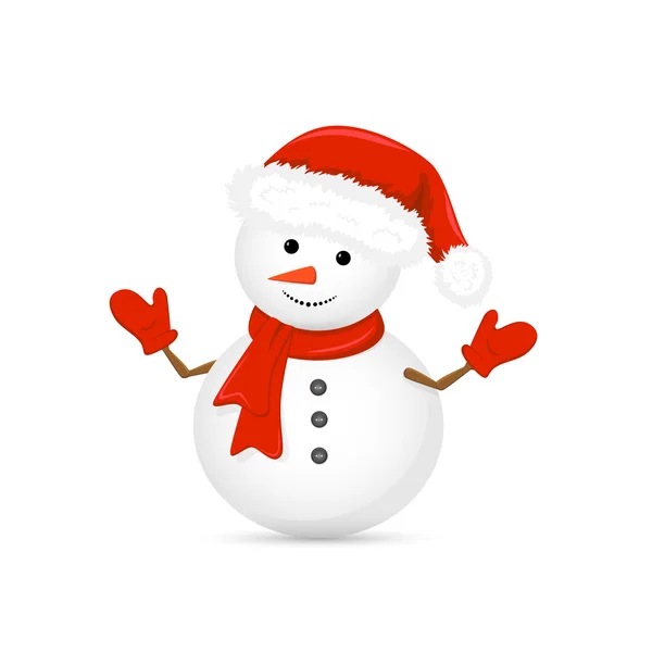 Bonhomme de neige au chapeau de Père Noël et écharpe rouge — Image vectorielle