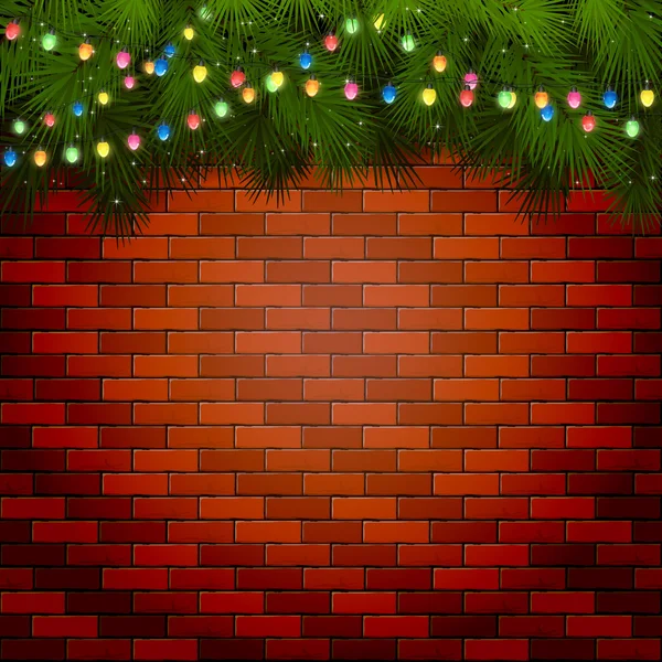 Різдвяні вогні з ялиновими гілками на цегляній стіні — стоковий вектор