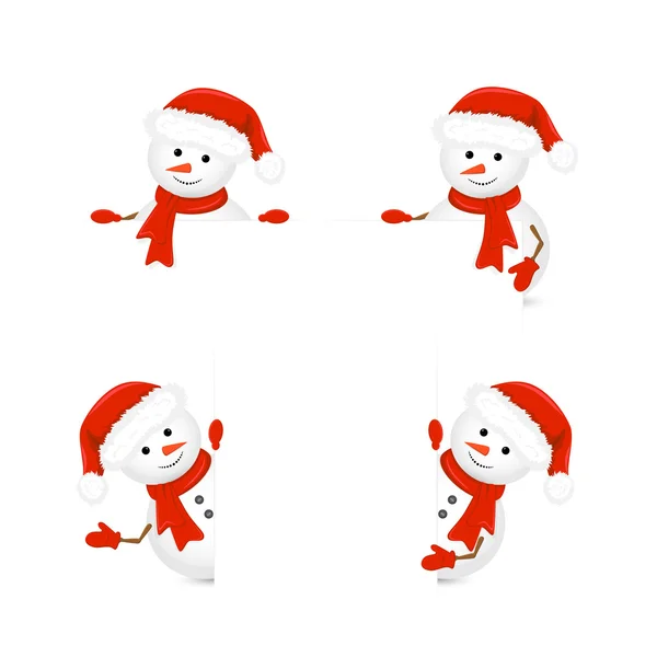 Muñecos de nieve en los sombreros de Santa sosteniendo papel en blanco — Vector de stock