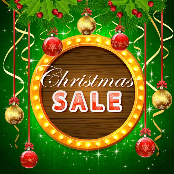 Venta de Navidad en banner redondo con bolas — Vector de stock