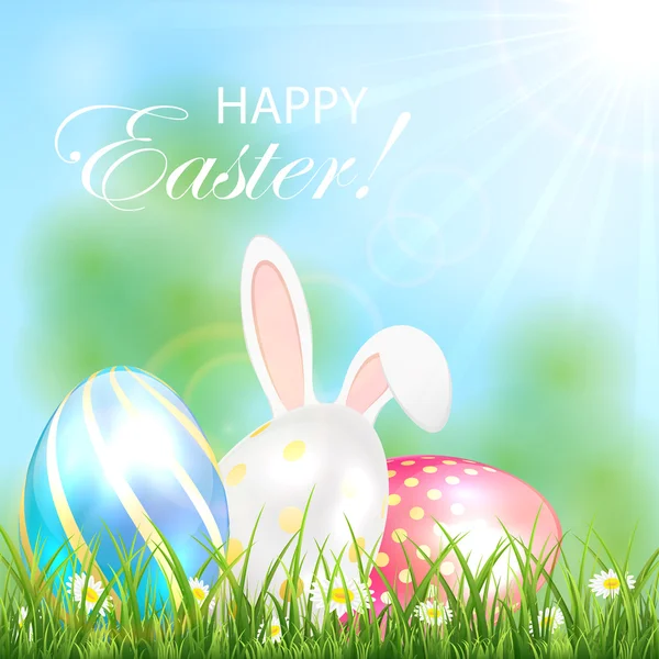 Fondo de Pascua con huevos brillantes y conejo — Vector de stock