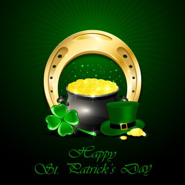Patricks Day background with golden horseshoe and pot of gold clipart