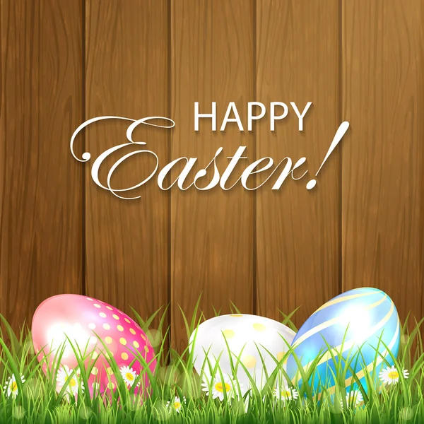 Drewniane tło Wielkanoc z trzech kolorowych jaj — Wektor stockowy