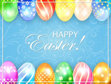 Renkli yumurta ile mavi Paskalya arka plan