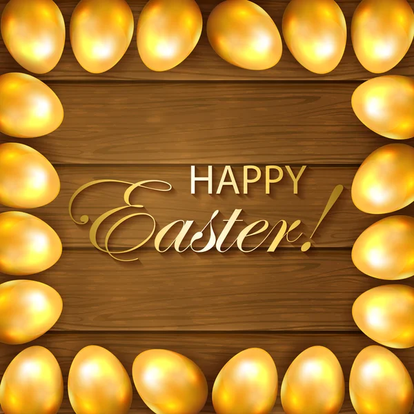 Marco de huevos de Pascua dorados sobre fondo de madera — Vector de stock