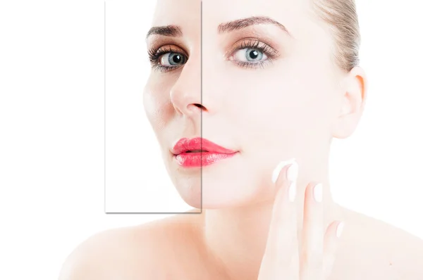 Closeup portrait of woman using cream for correction of wrinkles — Stock Photo, Image